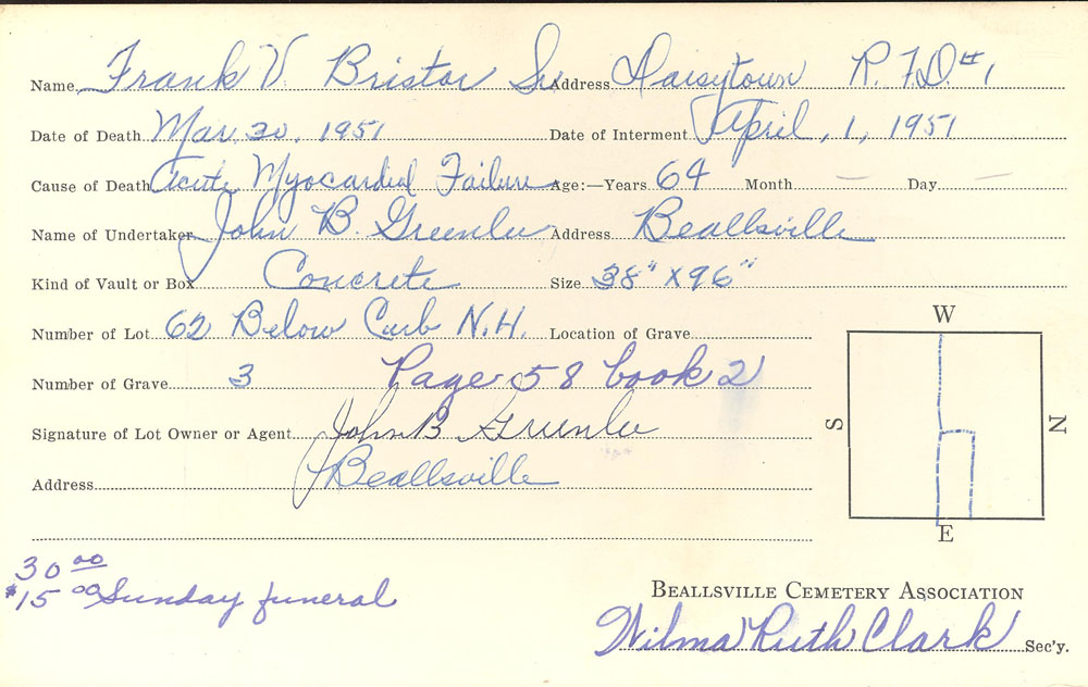 Frank V. Bristor burial card